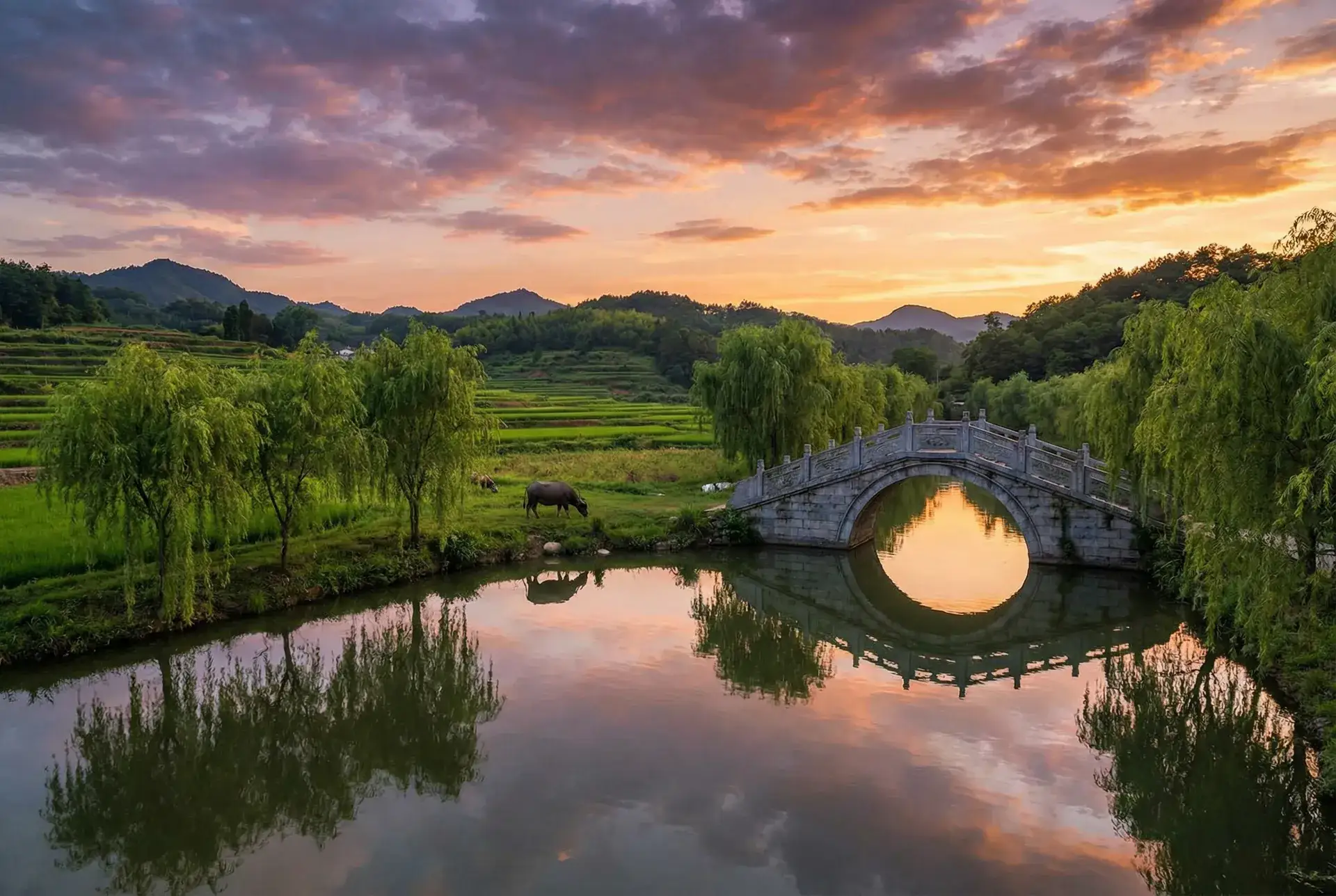 夕阳下的石拱桥与垂柳，水牛在河边吃草 - 一起同过窗3 乡村美景
